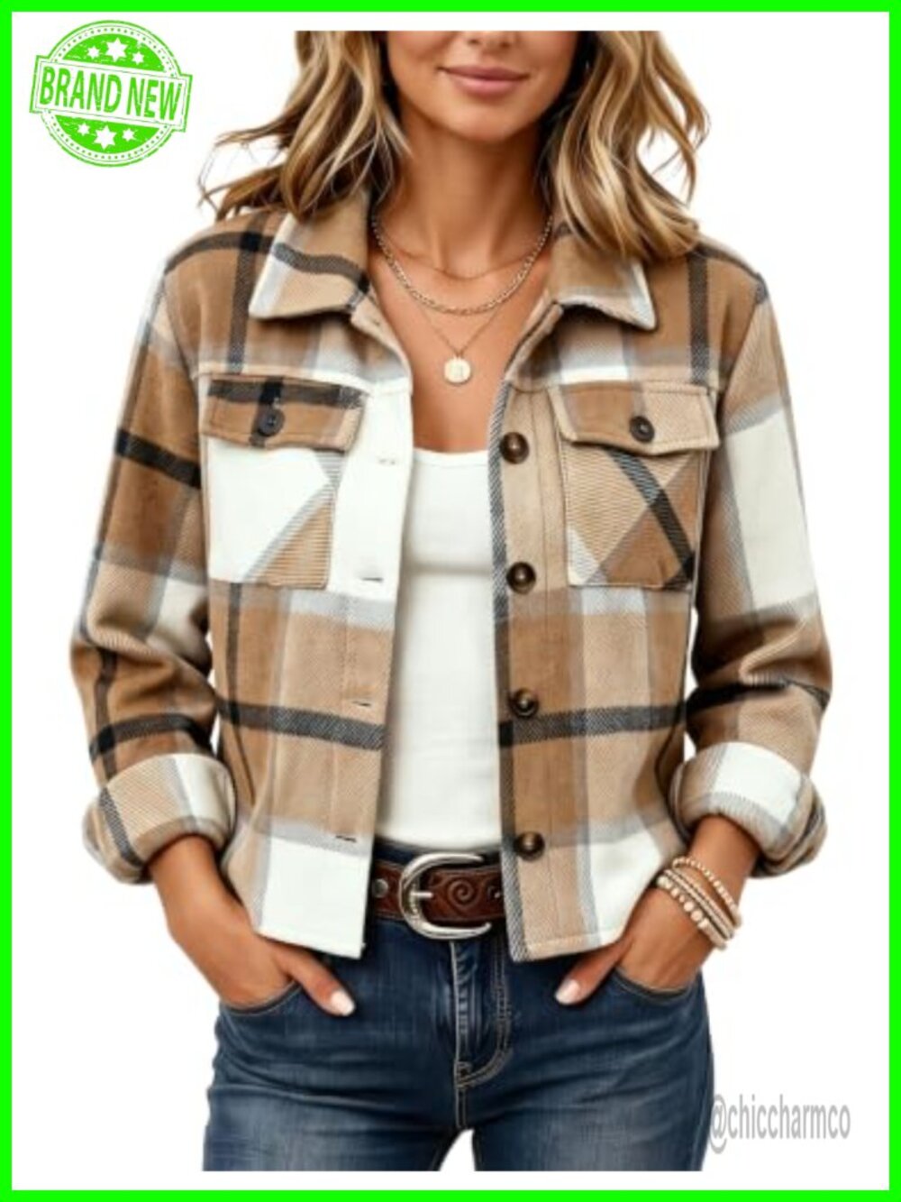 Cropped Plaid Shacket Button Down Long Sleeve Shirt Jacket Coat